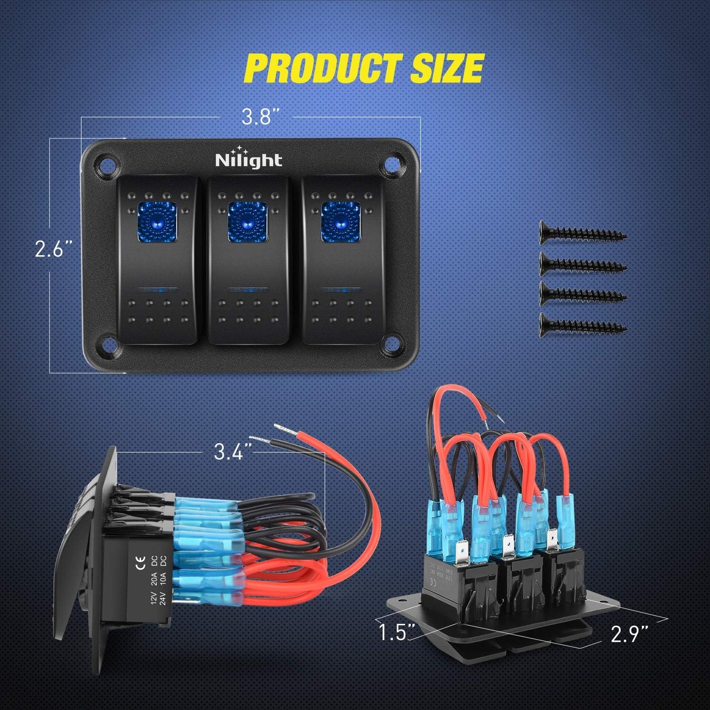 Nilight 90017C 3 Gang Aluminum Panel Toggle Dash 5 Pin On/Off Pre-Wired Rocker Switch Holder for Automotive Car Marine Boat,Blue