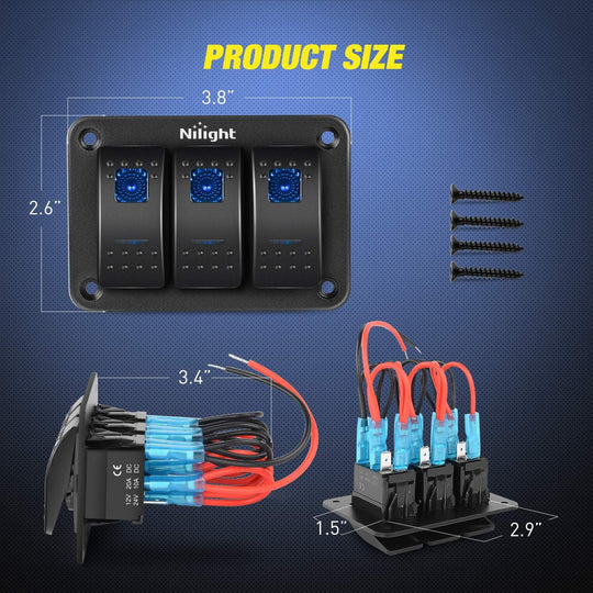 Nilight 90017C 3 Gang Aluminum Panel Toggle Dash 5 Pin On/Off Pre-Wired Rocker Switch Holder for Automotive Car Marine Boat,Blue