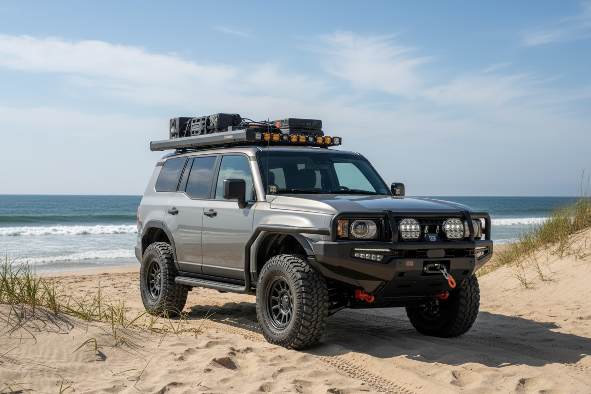 Off-road vehicle on a beach with ocean in the background