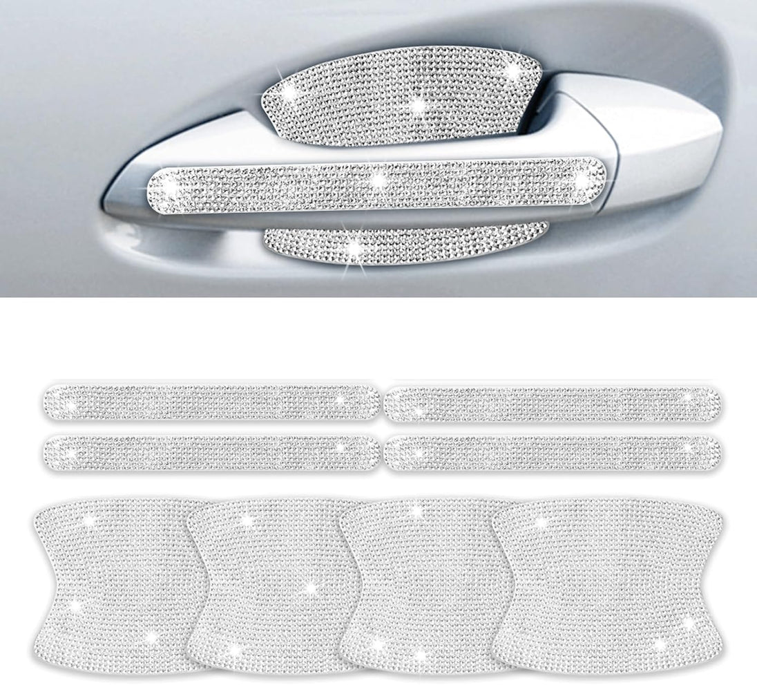 INSAUTO 8 Pieces Bling Car Door Handle Scratch Protector, Universal Rhinestone Car Stickers for Women, Automotive Exterior Accessories (Silver)