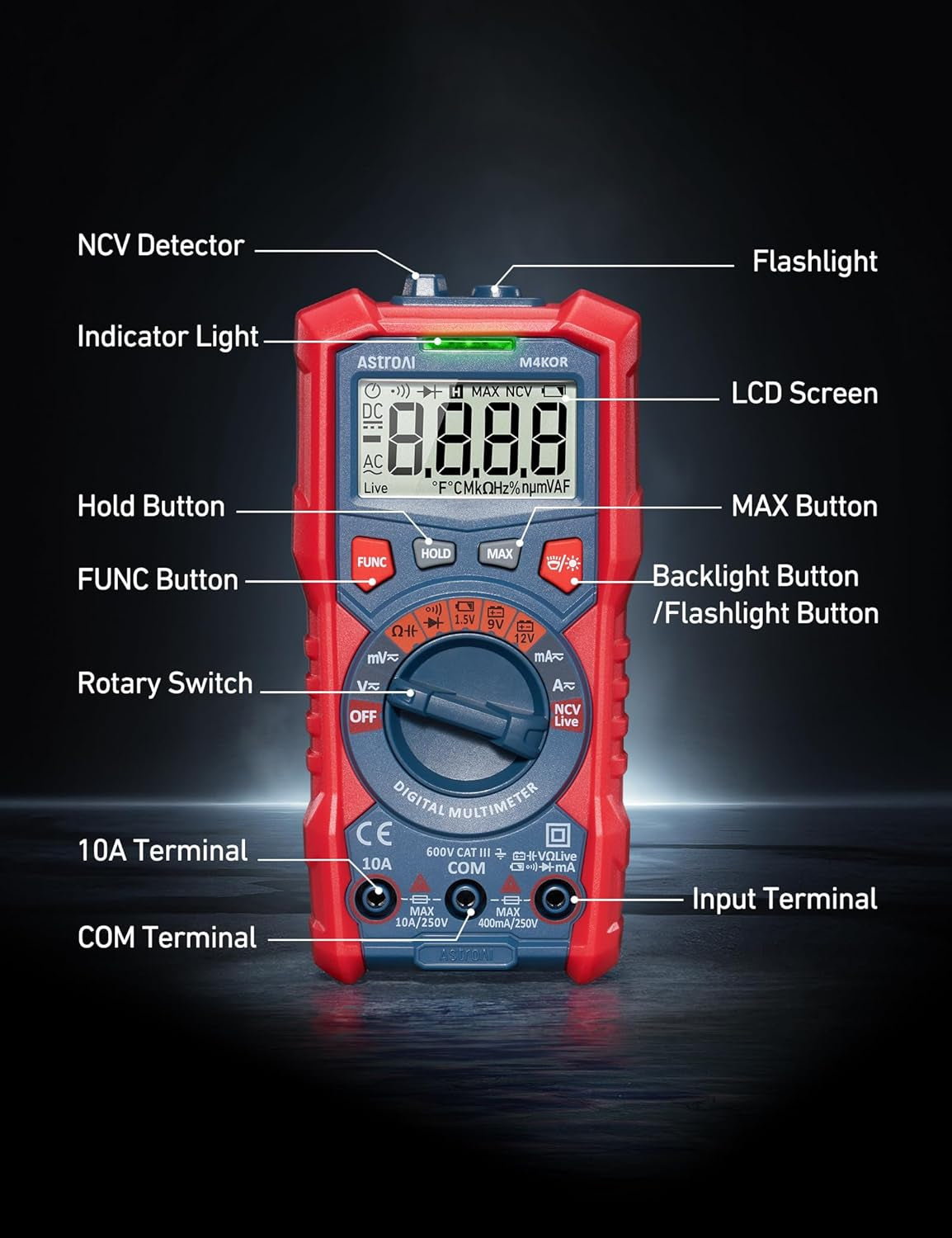 Astroai Multimeter Tester, TRMS 4000 Counts Volt Meter Auto-Ranging Ohmmeter Digital 1.5V/9V/12V Battery Voltage Tester Measure Voltage Current Resistance Diodes Continuity Capacitance with NCV