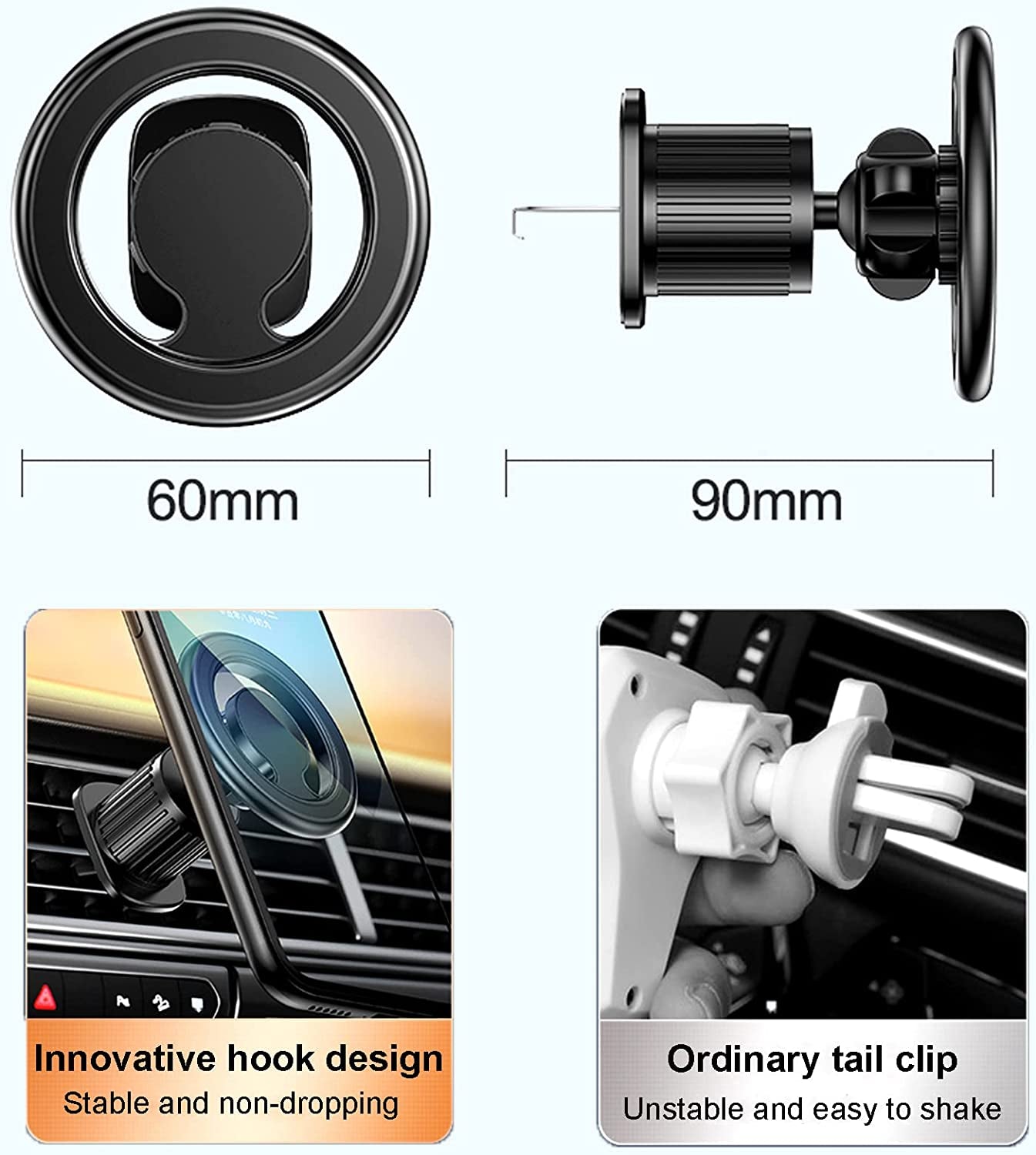 Magnetic 360° Rotation Car Vent Mount Phone Holder for Iphone 15 14 13 12 Series, with Metal Ring for Others Cell Phones as Samsung Galaxy and so On