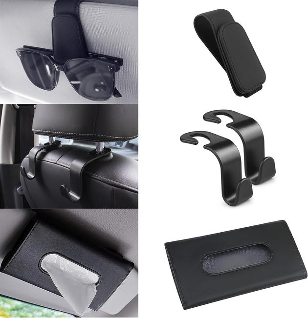 Car Accessories Interior, 4 Pack Car Accessories Include 1 Car Tissue Holder, 1 Car Sunglasses Holder, 2 Car Seat Headrest Hook, Christmas Automotive Car Essentials for Car Sun Visor （Black）