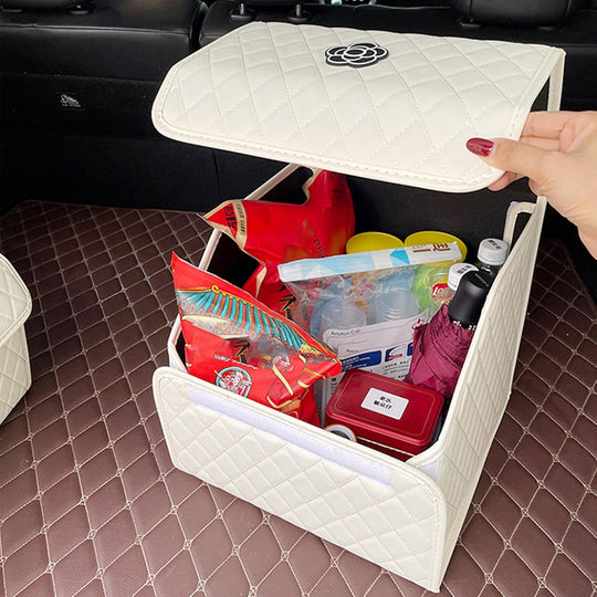 Car Trunk Organizer with Handle, Leather Multipurpose Car Cargo Boot Organiser, Collapsible Storage Box for Suvs & Sedans, Car Boot Tidy Organization for Car Accessories (White-S)