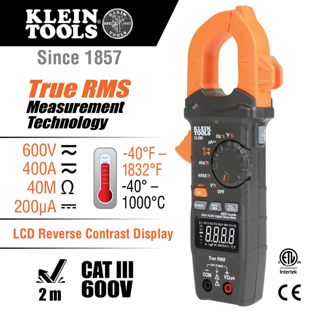 Klein Tools AC/DC Digital Clamp Meter, Auto-Ranging 400 Amp Current Clamp Meter