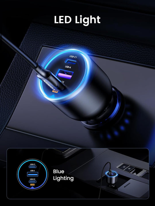 UGREEN 130W Laptop USB C Car Charger Fast Charging, 3 Ports Cigarette Lighter Adapter, PD3.0/QC4.0/PPS 45W, LED Light, Compatible with Macbook, Ipad, Iphone 17, Galaxy S25 S24, with a 100W USB C Cable