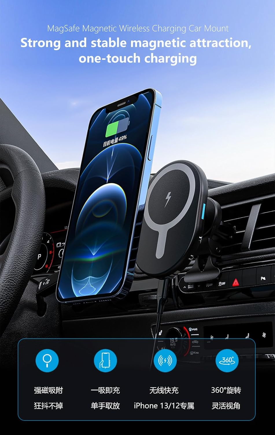 VORTEX BD8A15W Magnetic Wireless Car Charger for Iphone 12/12Mini/12Pro/12Pro Max/13Mini/13Pro/13Pro Max/14Pro/14Pro Max/15Pro/15Pro Max