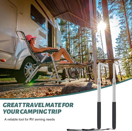 2 Pcs 11.42 to 42.72 RV Awning Rod Opener Easy Reach Telescopic Puller RV Awning Part Retractable Hook Stainless Steel Pulling Rod Retracted Pull Cane for Camper Canopy Tool