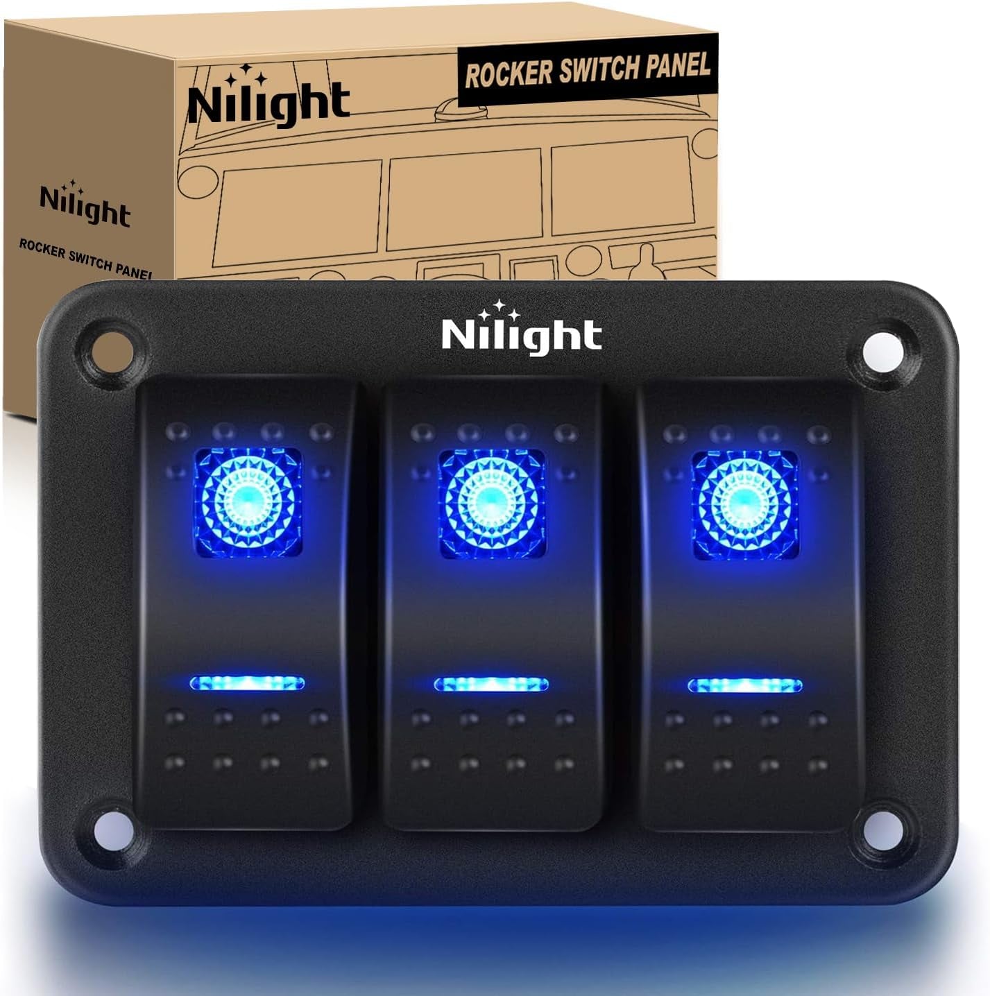 Nilight 90017C 3 Gang Aluminum Panel Toggle Dash 5 Pin On/Off Pre-Wired Rocker Switch Holder for Automotive Car Marine Boat,Blue