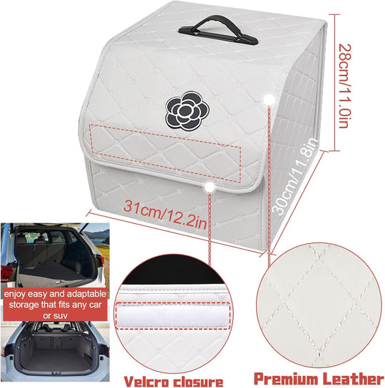 Car Trunk Organizer with Handle, Leather Multipurpose Car Cargo Boot Organiser, Collapsible Storage Box for Suvs & Sedans, Car Boot Tidy Organization for Car Accessories (White-S)