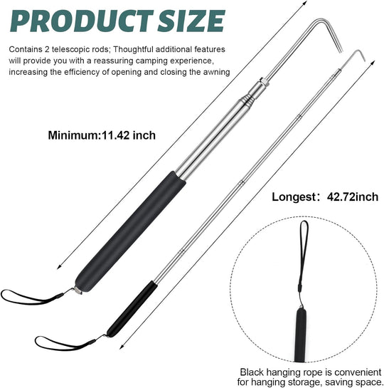 2 Pcs 11.42 to 42.72 RV Awning Rod Opener Easy Reach Telescopic Puller RV Awning Part Retractable Hook Stainless Steel Pulling Rod Retracted Pull Cane for Camper Canopy Tool