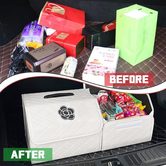 Car Trunk Organizer with Handle, Leather Multipurpose Car Cargo Boot Organiser, Collapsible Storage Box for Suvs & Sedans, Car Boot Tidy Organization for Car Accessories (White-S)