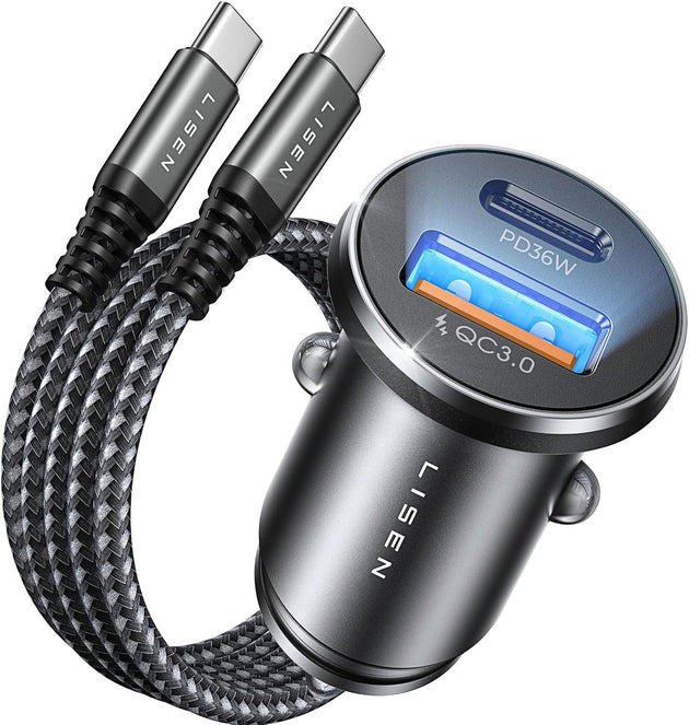 LISEN USB C Car Charger 54W Fast Dual Port Car Charger Type C Cigarette Lighter Adapter with 60W USBC to USBC Cable Car Accessories for Iphone 17 16 15 Pro Max plus Galaxy S25 Ipad Pro Pixel 10