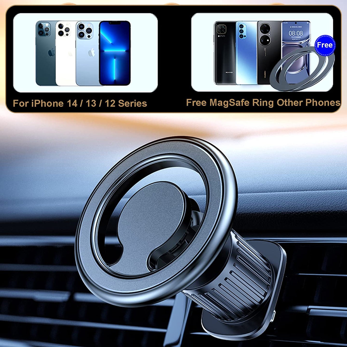 Magnetic 360° Rotation Car Vent Mount Phone Holder for Iphone 15 14 13 12 Series, with Metal Ring for Others Cell Phones as Samsung Galaxy and so On