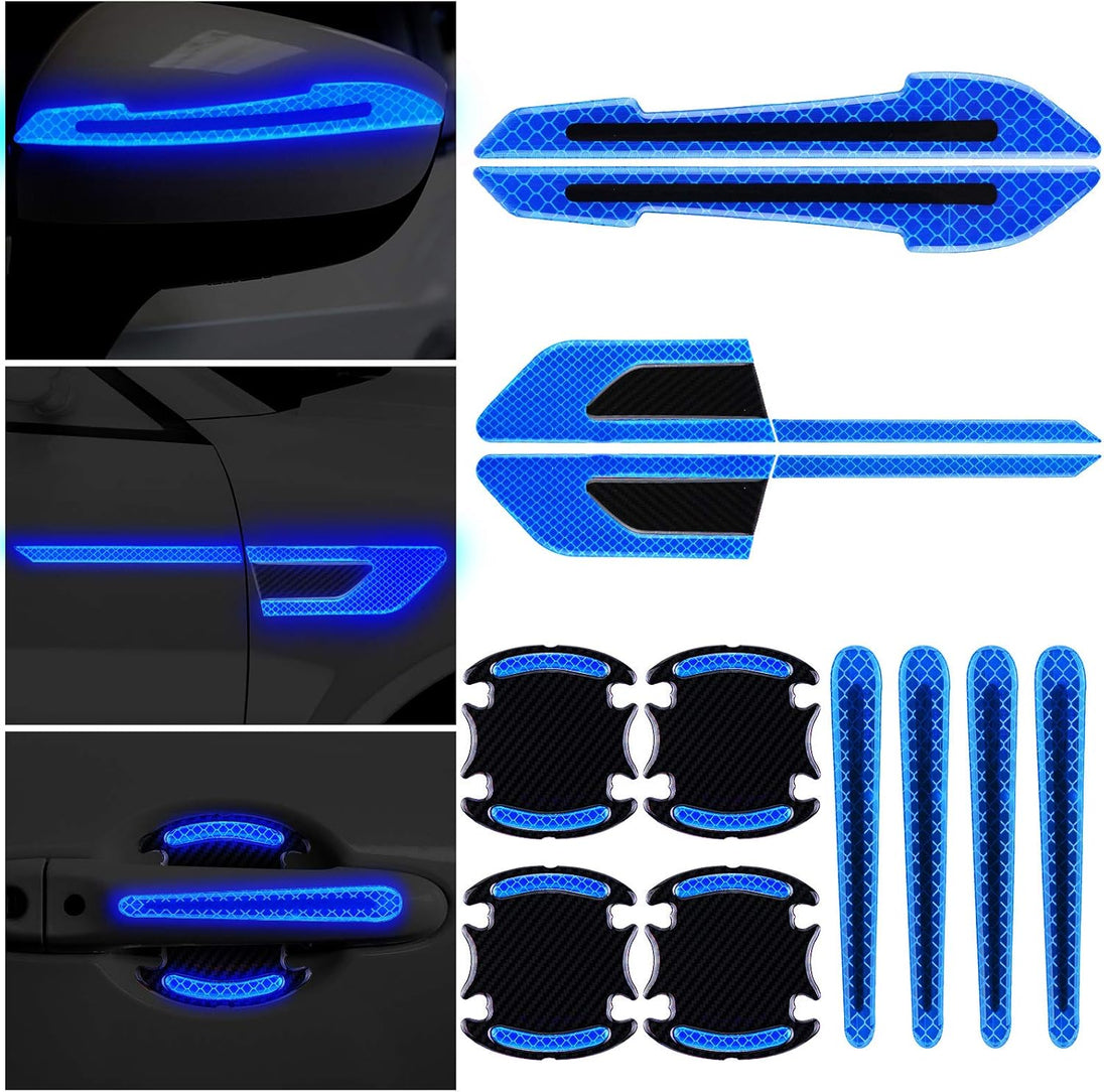 12 Pieces Reflective Car Stickers Set Rearview Mirror Reflective Warning Stickers Auto Door Cup Protectors and Handle Paint Scratch Films for Car Safety(Blue)