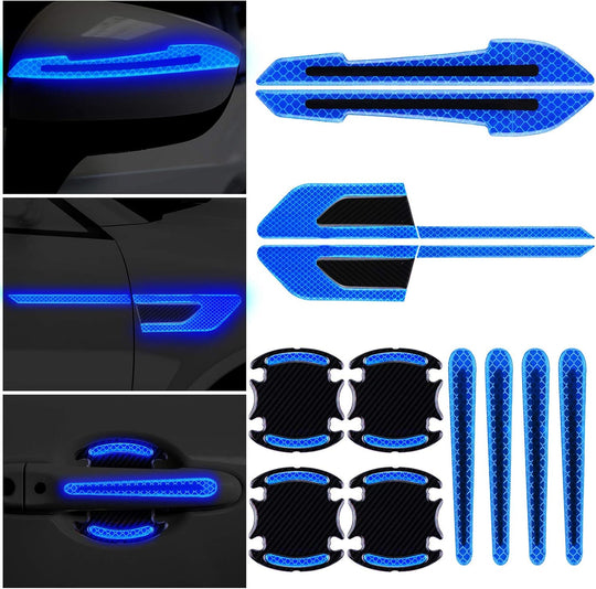 12 Pieces Reflective Car Stickers Set Rearview Mirror Reflective Warning Stickers Auto Door Cup Protectors and Handle Paint Scratch Films for Car Safety(Blue)