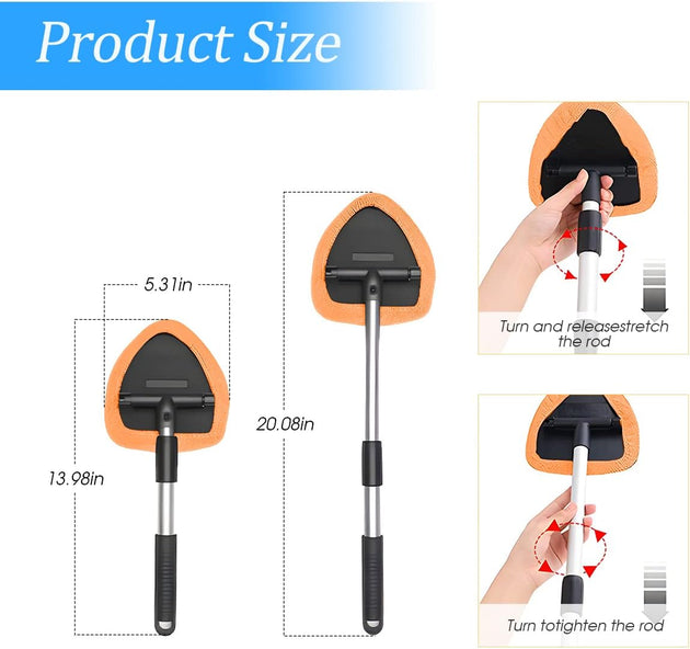 Windshield Cleaning Tool, Car Window Cleaner with Extendable Long Handle and 4 Washable Reusable Microfiber Pads, Auto Interior Exterior Glass Wiper Cleaning Kit Universal for Office and Home (Orange)