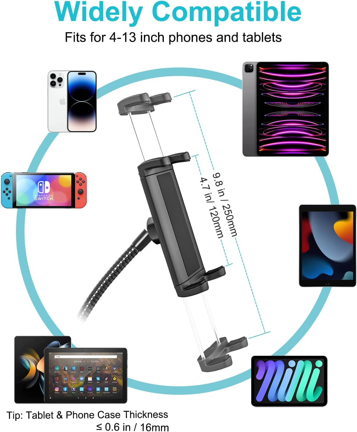 EXSHOW Car Seat Rail Tablet Holder for Truck, Metal Gooseneck Car Floor Seat Bolt Tablet Mount, Pickup/Commercial Vehicles/Semi Truck Stand for Ipad Pro Mini Air, Galaxy Tabs, Iphone, 4-12.9" Tablets