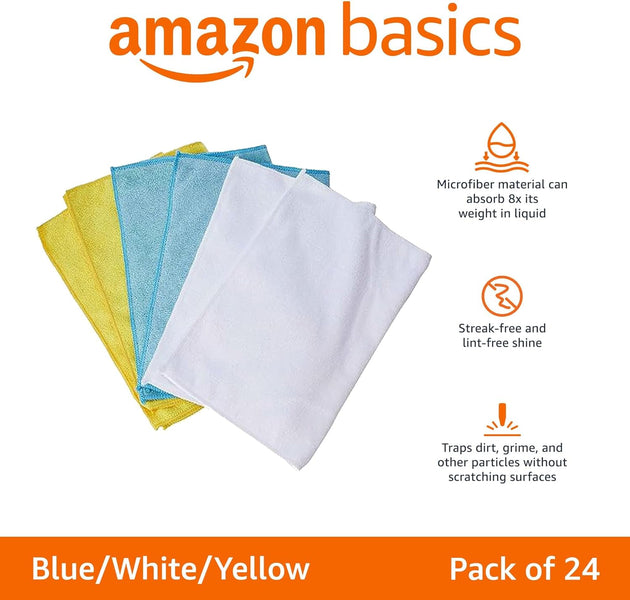 Amazon Basics Microfiber Cleaning Cloths, Non-Abrasive, Reusable and Washable - Pack of 24, 30X41Cm, Blue, White and Yellow