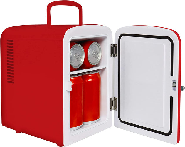 Koolatron 4L 6 Can Portable Mini Fridge with Bluetooth Speaker Compact Personal Cooler Includes Bonus 12V Car Adapter Desktop Accessory for Bedroom Home Office Dorm Travel Cosmetics (Red)
