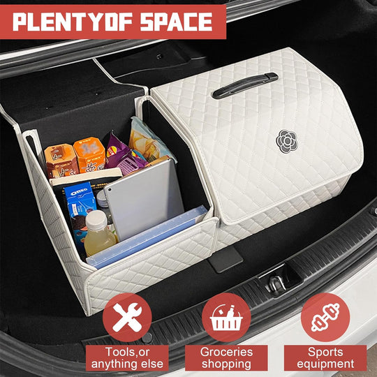 Car Trunk Organizer with Handle, Leather Multipurpose Car Cargo Boot Organiser, Collapsible Storage Box for Suvs & Sedans, Car Boot Tidy Organization for Car Accessories (White-S)