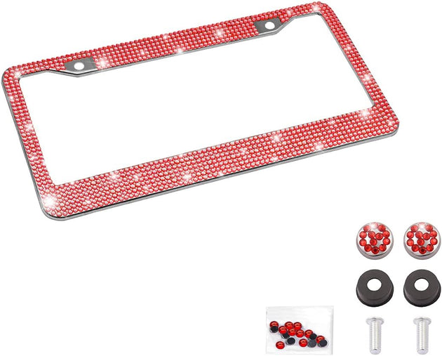 Bling Car License Plate Frame, Handcrafted Crystal Stainless Steel License Plate Frame, Sparkly, Durable, Universal Fit, Car Accessories for Girls, Women (Red)